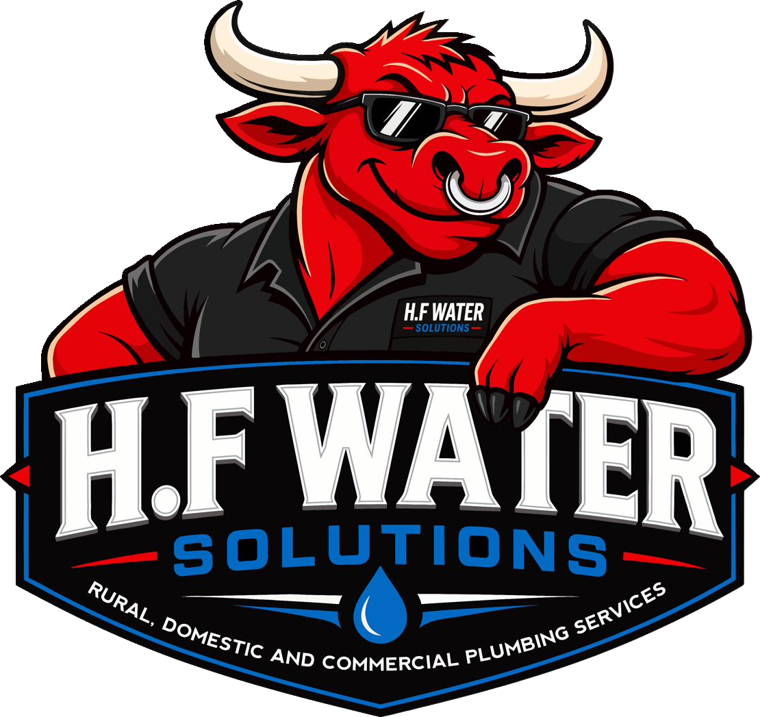 H.F Water Solutions mascot — a bull in sunglasses holding a pipe wrench